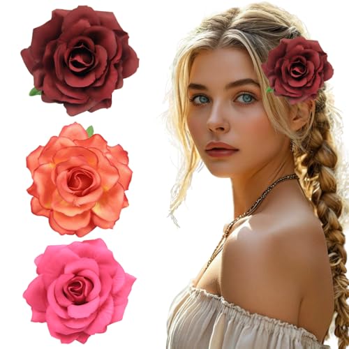 LAKPYN 3 Pezzi Fermagli per Capelli Fiori Clip a Fiori di Rosa Mollette per Capelli per Ragazze e Donna Matrimonio Spiaggia Festa