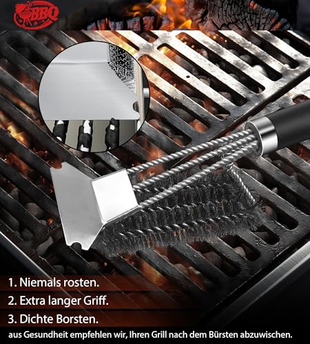 Grillbürste, TNTOR Grill Reinigungsbürste mit Extra Langer Edelstahl Borsten, Edelstahl Spatel und PP Wärmedämmung Griff, für Gasgrill, Holzkohlegrill, Kugelgrill, Elektrogrill und Grillrost.