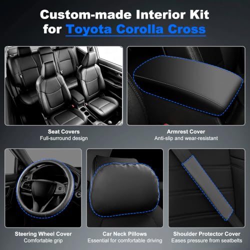 Image of Custom Fit Seat Covers for Toyota Corolla Cross 2022-2026 Full Set | Black Seat Covers, Premium Faux Leather, 5-Piece Set Includes Armrest, Seat Belt, Steering Wheel & Headrest Covers
