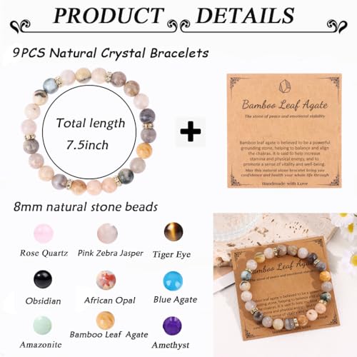 MOZAKA 9PCS Natural Crystal Bracelets for Women Men - 8mm Semi-Precious Gemstone Beaded Bracelets, Crystal Stretch Round Beads Bracelets Unisex Jewelry Gift3