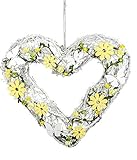 dekojohnson Rattan-Herz Fenster-Deko hängend Holz Landhaus Hänger Tür-Kranz aufhängen weiß gelb Herbst Winter 34cm groß Frühjahr