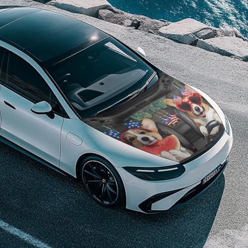 Image of Cute American Dog Car Hood Cover Polyester Elastic Fabrics Can be Washed Suitable for Large SUV and Pickup Trucks