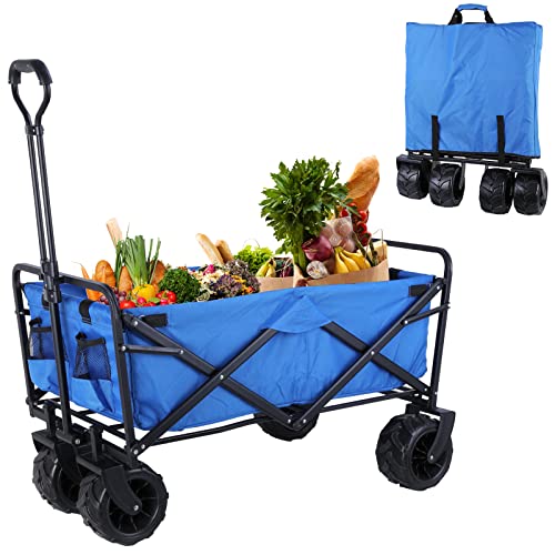 8’’ Collapsible Beach Wagon, All-Terrain Folding Portable Heavy-Duty Utility Cart, with 8'' Rubber Wheel, 2 Cup Holders, for Outdoor, Sport, Groceries, Garden, Camping, Shopping, Picnic (Blue)