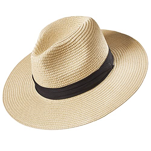 Deluxe Wide Brim Straw Panama Hat, Roll Up Fedora Beach Sun Hat Upf50+, Color Choice, Adjustable Hats For Women Or Men (Classic Beige) #TOP10