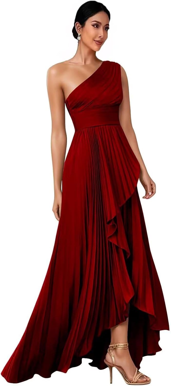 TSBRIDAL One Shoulder Pleated Bridesmaid Dress for Women Satin A Line Ruched High Low Formal Party Dresses