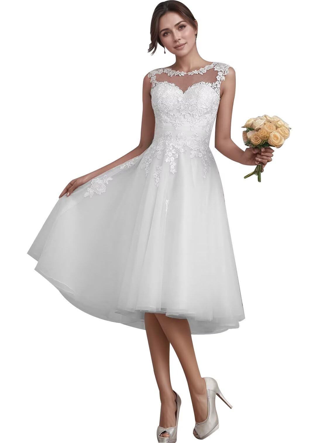 HUINI Brautkleider Tüll Kurz A-Linie Damen Brautmode Vintage Brautkleider Mutterschaft Spitzenkleider Ärmellos