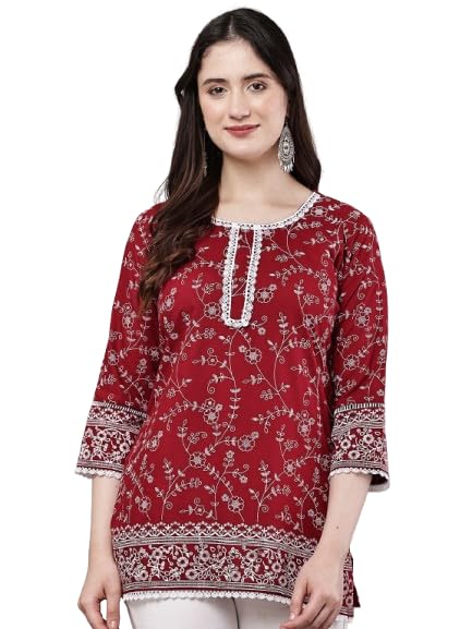 Image of Women's Pink Printed Short Kurti with Lace Trim, 3 /4 Sleeves, Ethnic Indian Style Top