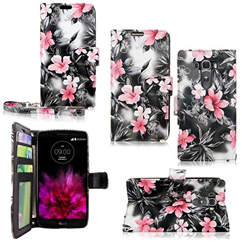Cellularvilla Wallet Case for LG G Flex 2 H950 H955 LS996 Pu Leather Wallet Card Flip Open Pocket Case Cover Pouch (Black Pink Flower)