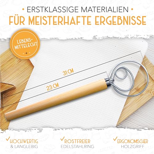 KRUSTENZAUBER Dänischer Schneebesen für perfekten Teig im Handumdrehen - Hochwertiger Teigbesen als Brot backen Zubehör - Teigrührer, Teigkneter, Teigmischer, Danish Whisk als Brotbackzubehör