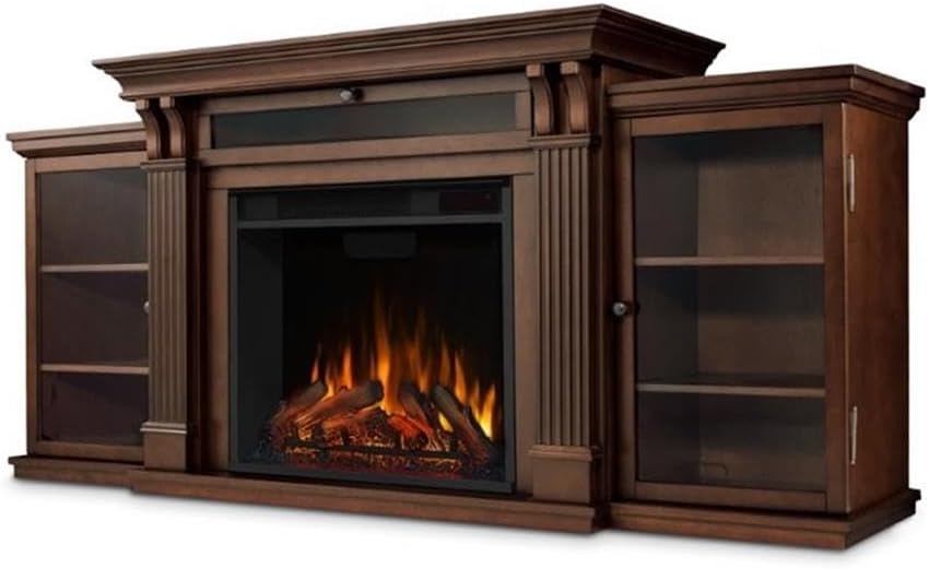 Bowery Hill Traditional Wood Fireplace TV Stand, 67 in Wide, Espresso Finish, Solid Wood and MDF, Includes Electric Firebox and Remote, Adjustable Shelves and Thermostat, Living Room Media Console