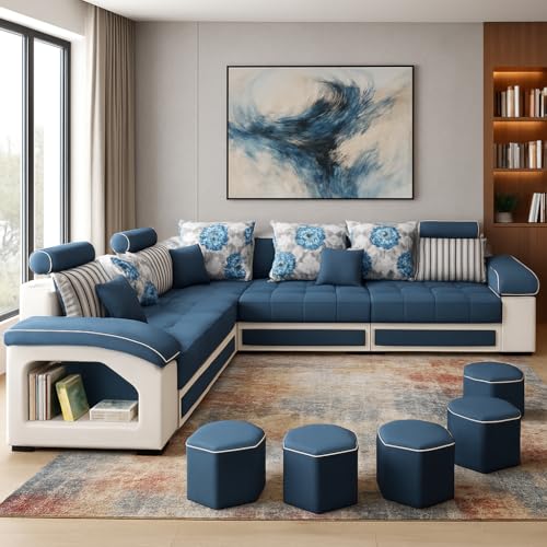 Image of Casaliving Yamir Modern U-Shaped Sectional Sofa Set with Storage, 9 Seater, Sofa Couch with 4 Puffy for Hall Guest Room (Blue & Grey) Premium Fabric Sofa Set