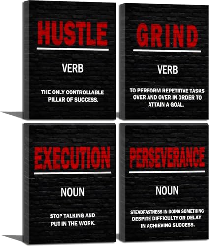 Motivational Wall Art Grind Hustle Execution Motivational Posters for Office Men Black and Red Inspirational Canvas Art Wall Decor Inspiring Quotes Framed Success Wall Art Pictures for Gym Workplace Men Bedroom Living Room Decoration