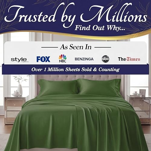 DECOLURE 100% Organic Bamboo Viscose Sheets Queen Size 4 pcs - Ultra Soft & Luxuriously Cooling, 16" Deep Pocket, Double Stitching, Perfect for Hot Sleepers - Luxury Queen Bed Sheets Set (Olive) - 3