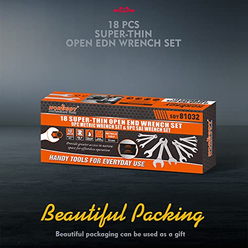 Horusdy 18-Piece Super-Thin Open End Wrench Set With Rolling Pouch, Cr-V Steel Sae & Metric, 1/4" To 1-1/16" And 5.5Mm To 27Mm Slim Spanner Wrench Set #TOP1