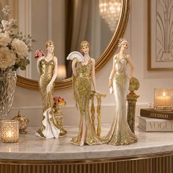 Comfy Hour 3-Piece 13-Inch Tall Glamour Elegance Lady Figurine Collection, Gold Art Deco Victorian Style Decorative Statues