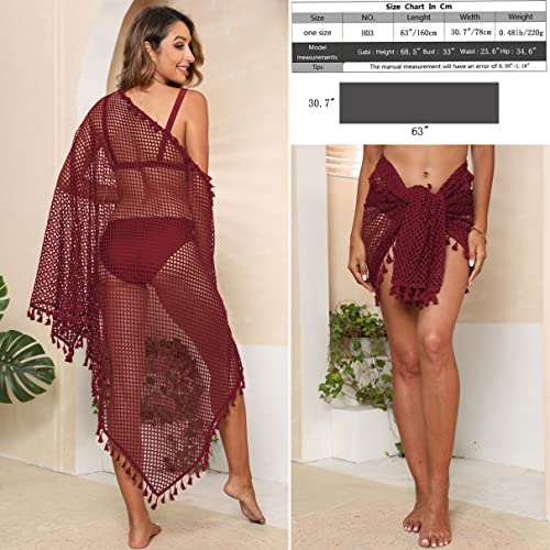 K-Elewon Crochet Sarong Swimsuit Coverup For Women Bathing Suit Cover Ups Sexy Bikini Scarf Bathing Suit Bottom Beach Swimwear Wrap Skirt H03-04 Wine Red #TOP2