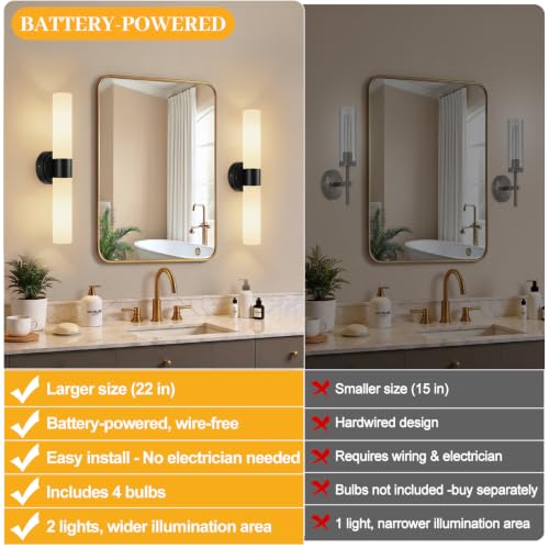 Image of Rechargeable Wall Sconces Set of Two, Modern Matte Battery Operated Wall Light Fixtures with Remote Control, Dimmable Wireless Wall Sconces with Milky Glass for Bathroom Mirror Bedroom Living Room