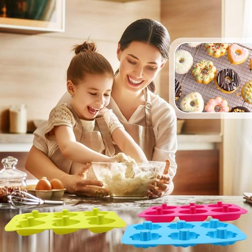Foto von PHOGARY 3 Stück Silikon Donutformen, 6 Hohlräume Donut Backform Antihaft-Backblech, 260℃ Hitzebeständig, für Kuchen, Kekse, Bagels, Muffins (Runde, Blumen und Herz)