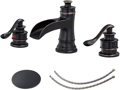 BWE Grifo de baño generalizado de 3 agujeros de 8 pulgadas, bronce aceitado con cascada, conjunto de tapón de drenaje desplegable con desbordamiento