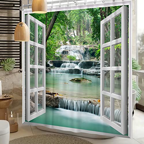 SDOTPMT 90x180cm Window View Shower Curtain Spring Waterfall Trees Natural Scenery Wilderness Landscape Bath Curtain White Window Picture Modern Art Fabric Waterproof Bathroom Curtain with Hooks - Image 2