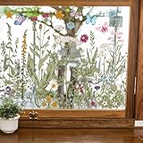 Whaline 6 Sheets Spring Vintage Wildfloral Window Clings Butterfly Window Decal Double-Sided Watercolor Flower Decor for Fall Mirror Glass Display Shop Office School Supplies