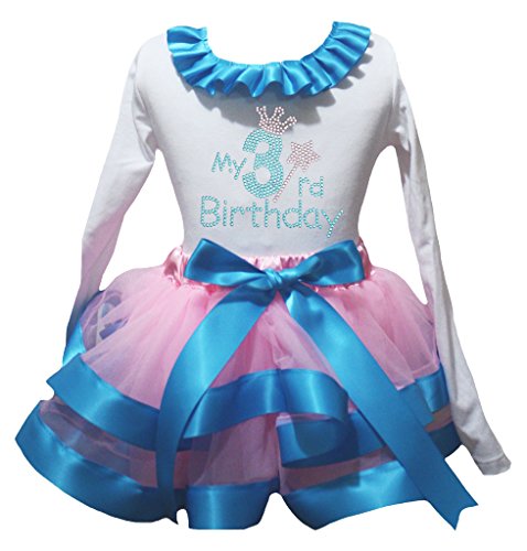 Ensemble 3ème anniversaire filles t-shirt blanc jupe pétale bleu pour fête et shooting photo