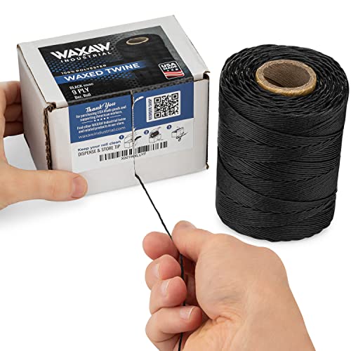 9-Ply Black Waxed Twine With Dispenser Box 160 Lbs Tensile Strength (1-Roll) 500 Feet 8Oz Spool 100% Polyester Cable Tie Down Wax Lacing Cord Usa Made #TOP26