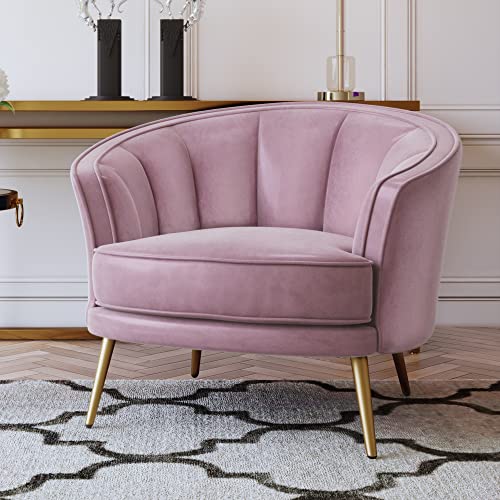 Lumisol Modern Velvet Barrel Chair, Accent Armchair With Golden Legs, Upholstered Channel Tufted Sofa Chair For Living Room, Bedroom (Pink) #TOP2