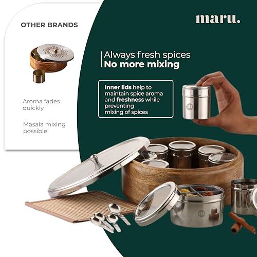 Image of MARU 12-in-1 Wooden Spice Box | Stainless Steel Containers With See-Through Lids | 8 Small & 1 Large Container With Middle Partition | Perfect For Organizing Spices, Herbs, Masalas & Seasonings