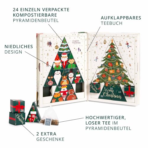ETS - BIO Teebuch Tee Adventskalender, 24 x Chai, Früchtetee, Kräutertee & Highlights | Großer Buch-Adventskalender mit kompostierbaren Pyramidenbeutel
