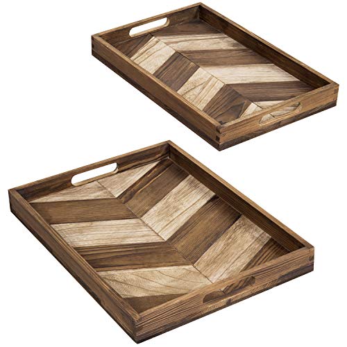 Mygift Large Wooden Nesting Breakfast Trays With Chevron Arrow Design - Burnt Brown Wood Snack Serving Tray With Cutout Handles, 2 Piece Set #TOP1