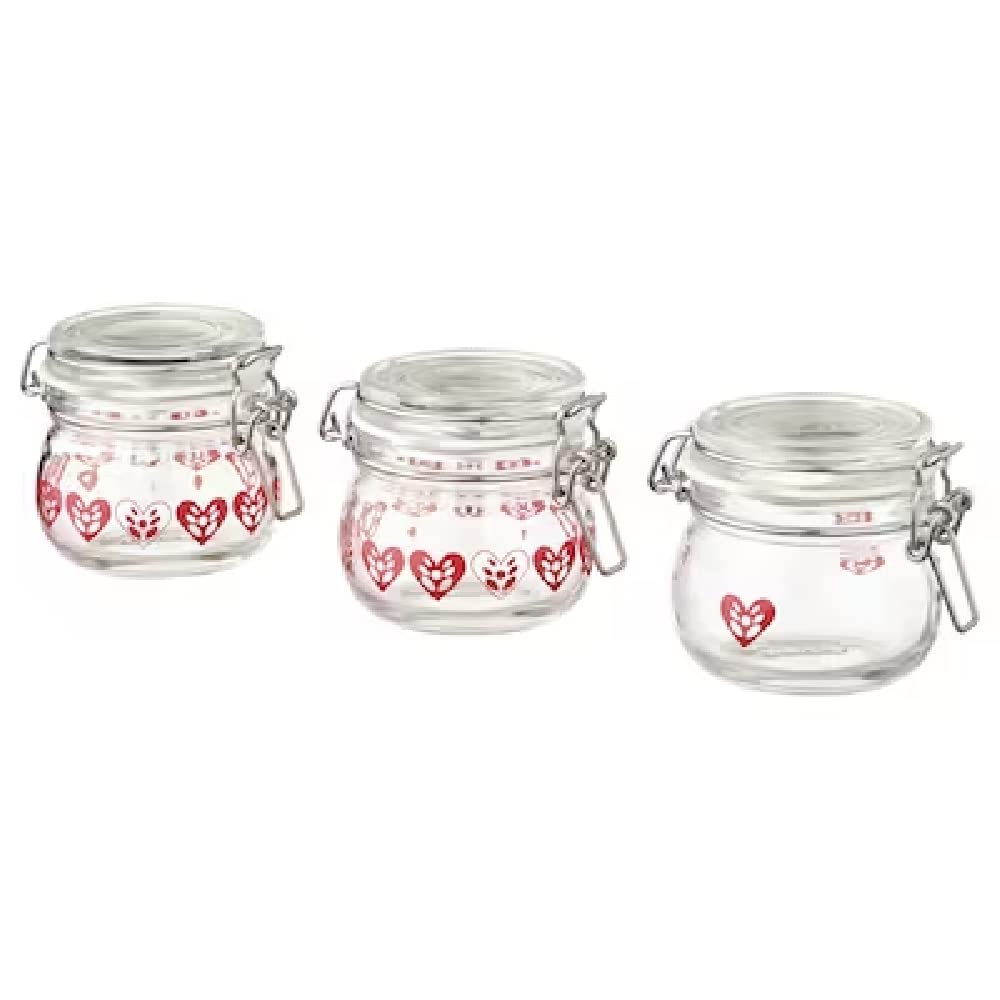 New VINTERFINT Jar with lid, Kitchen food storage Jar heart pattern clear glass/red, 13 cl set of 3