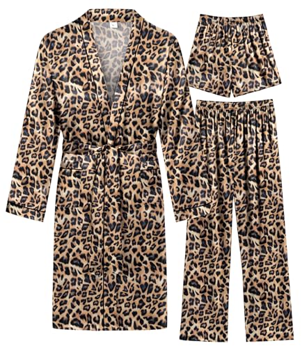 Image of SWOMOG Mens 3 PCS Satin Robe with Pants & Shorts Set Kimono Bathrobe Long Sleeve Sleepwear Pjs Sets with Pockets