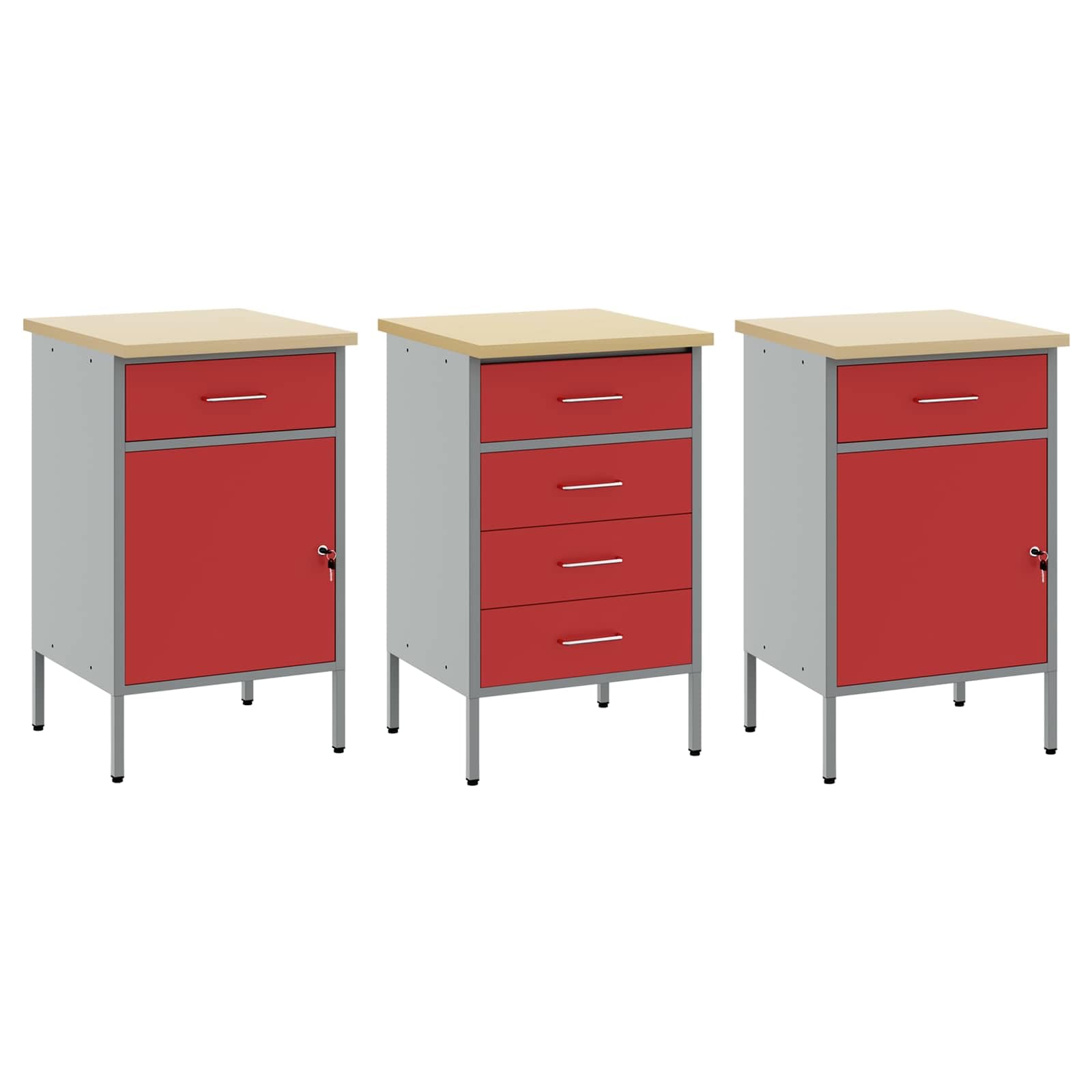 Banco da lavoro moderno con cassetti, 3 pezzi, rosso e grigio, 75 x 45 x 85 cm, in legno e acciaio, robusto banco da lavoro per officina, stile loft industriale, versatile