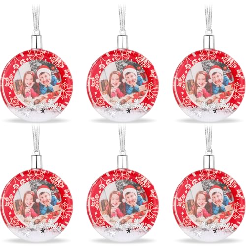 Shappy 6 Pcs Round Snow Globe Photo Ornament Clear Plastic Floating Snowflake Picture Frame Christmas Hanging Photo Case DIY Picture Frame Ornament for Home Decoration (Classic Style)