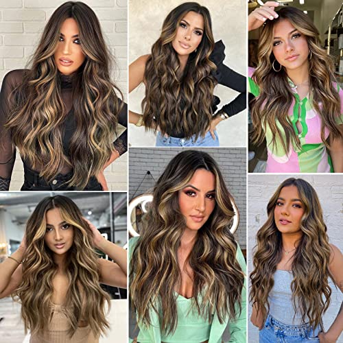 Xixibi 4Pcs Clip In Hair Extensions Long Wavy Hairpieces 20 Inch Balayage Chocolate Brown To Caramel Blonde Hair Extensions Clip In Synthetic Thick Full Head Hair Piece For Women Girls #TOP5