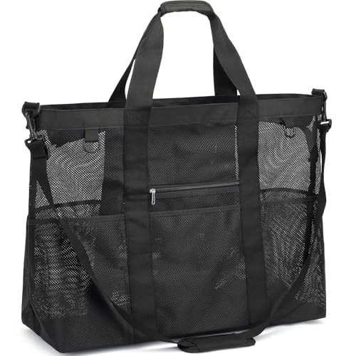 Extra Large Mesh Beach Bag for Family, Pool Travel Tote Bag with Zipper Closure, 10 Pockets, Sandproof Bottom