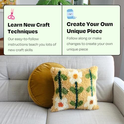 Image of CRAFT CLUB Pick of The Bunch Cushion Kit | DIY Latch Hook Kits for Adults | Sewing Kit with Pre-Cut Yarn & Wooden Tool | Cushion Covers for Bedroom Decor | Arts & Crafts Supplies | 17in x 17in