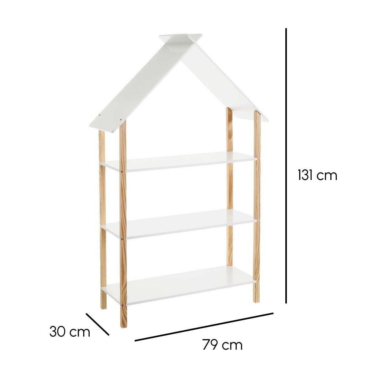 LOLAhome - Estantería Infantil con Forma de casa de Madera de Pino Blanca 79x30x131 cm para Dormitorio. Tiene 3 estantes de Estilo nórdico Que Mantienen el Orden y decoran con Personalidad
