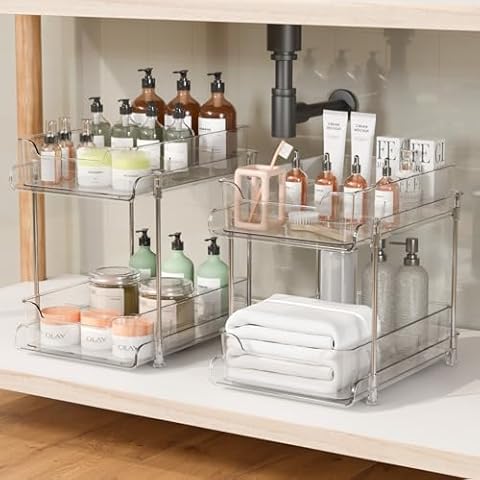 MoEnergy 2PCS Bathroom Cabinet Organizer,2 Tier Pull Out Clear Under Sink Organizers and Storage with Dividers,Multi-Purpose Pull Out Kitchen Pantry Shelf Vanity Organization Bins Cover