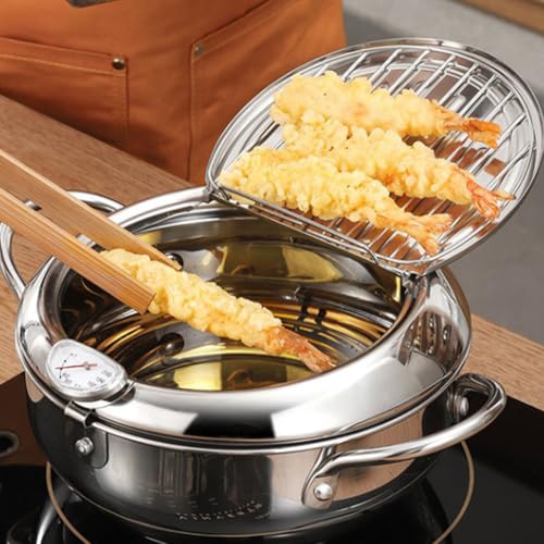 Leopacat Japanische Fritteuse aus Edelstahl, Mini Kleine Küche Tempura Fryer Frittiertopf Brattopf mit Deckel Ölabtropfgitter und Thermometer für frittierte Chicken Wings Chips Garnelen und Fisch