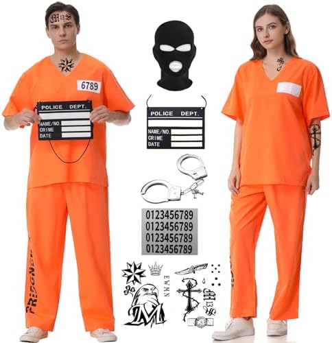 Owurha Prisoner Costume Men Women Orange Prison Inmate Outfit Adu...