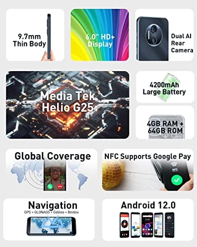 DOOGEE X97 Pro Mobile Phones Sim Free Unlocked, Android 12 Smartphone, 4GB + 64GB, Octa-Core, 4200mAh, 6.0'' HD+ Display, 3-Card Slots, Dual SIM Smartphone, 12MP+5MP Camera, NFC/OTG/Face ID - Black