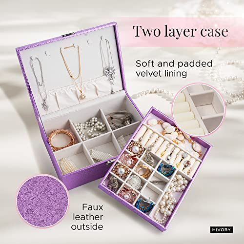 Hivory Jewelry Box For Women ~ Jewelry Organizer Box For Girls ~ Jewlery Box For Rings, Earrings, Bracelets, Studs & Necklace ~ Double Layer Stackable Jewelry Organizer Trays (Purple) #TOP4