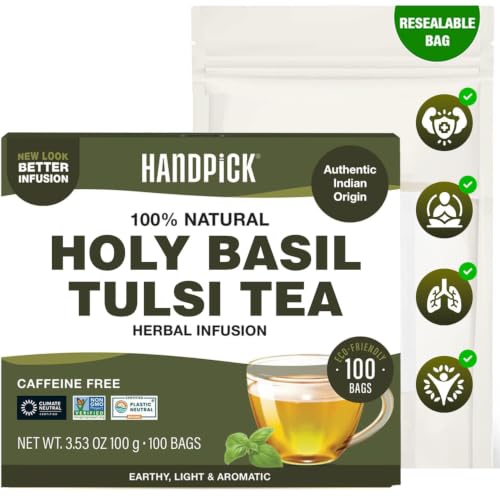 HANDPICK Original Tulsi Tea (100 count) Holy Basil Tea - Non-GMO, Caffeine-Free Herbal Tea - Ecofriendly Round Tea Bags