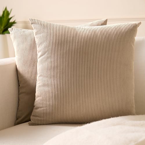 Image of Encasa XO Corduroy Cushion Covers, No Inserts, Set of 2, Khaki