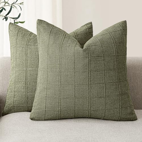 Image of Foindtower Set of 2 Decorative Linen Check Throw Pillow Covers Neutral Farmhouse Vintage Cushion Covers Modern Boho Home Decor for Sofa Chair Couch Bedroom Living Room,26x26 Inch,Sage Green