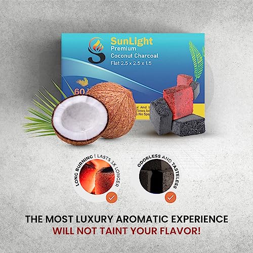 *New* Sunlight Premium Coconut Charcoal Flats- 60 Half Cubes (1.25mm)- Long Lasting Natural Coco Charcoal - Zero Ash - Low Odor - 1.25mm Flats- Long Lasting - Full Burn
