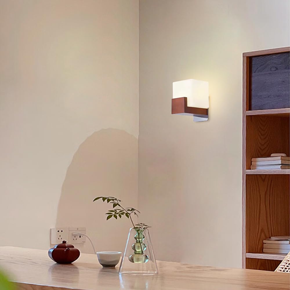 Jadssox Lampada da parete in legno applique da parete in vetro bianco latte, illuminazione da parete per interni con paralume in vetro, lampade da parete in legno, lampada da toeletta in stile rustico