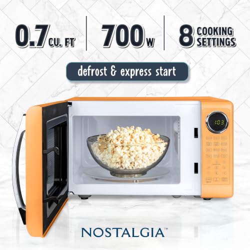 Image of Nostalgia Modern Retro Compact Countertop Microwave Oven - 0.7 Cu. Ft. - 700-Watts with LED Digital Display - Child Lock - Easy Clean Interior - Orange